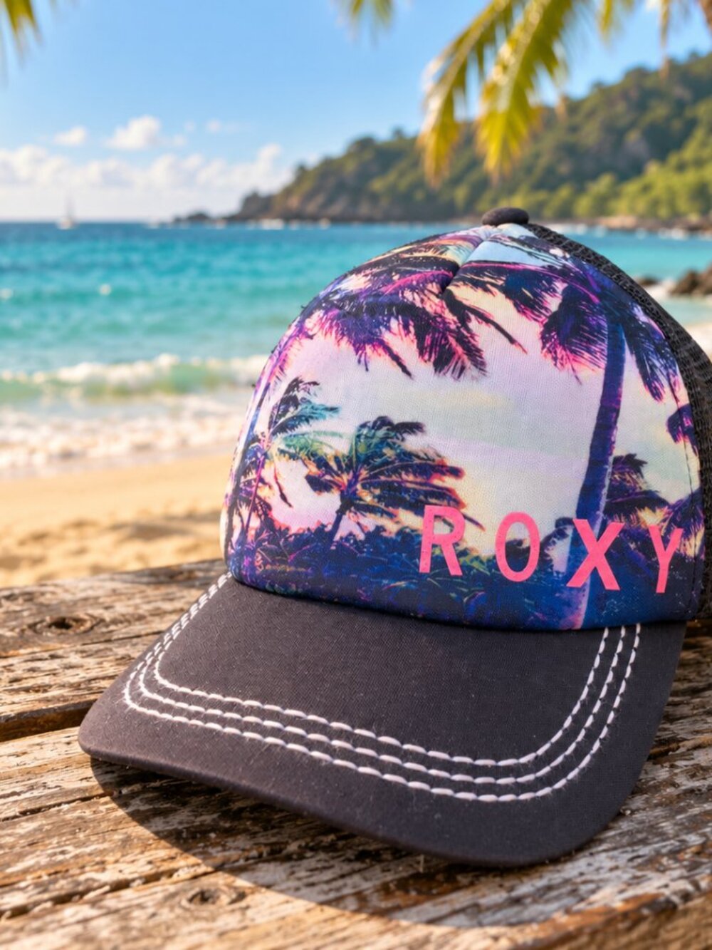 Roxy Women's Tropical Palm Tree Trucker Hat Mesh Snapback Black Pink Purple